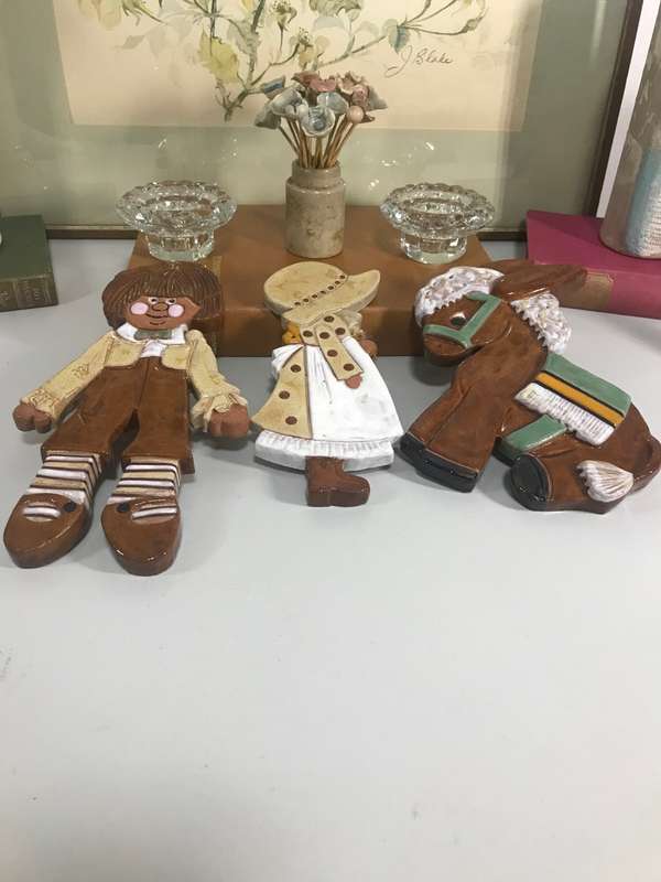 Three Ceramic Figures Handmade Boy,Girl and Donkey 24cm x 14cm