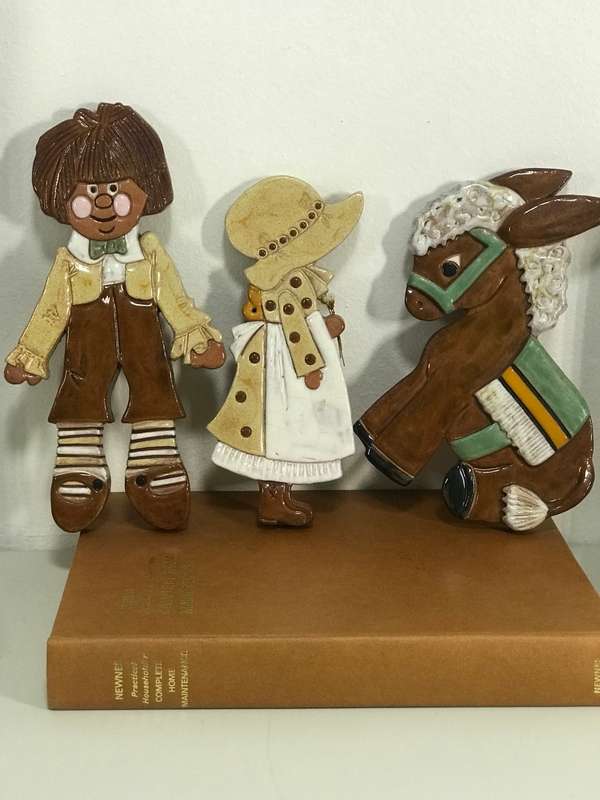 Three Ceramic Figures Handmade Boy,Girl and Donkey 24cm x 14cm