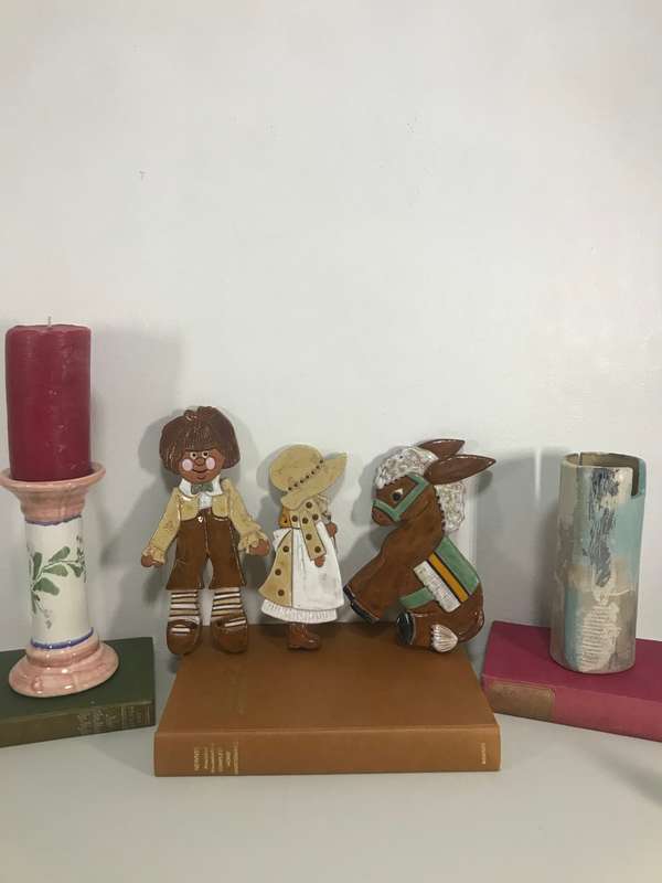 Three Ceramic Figures Handmade Boy,Girl and Donkey 24cm x 14cm