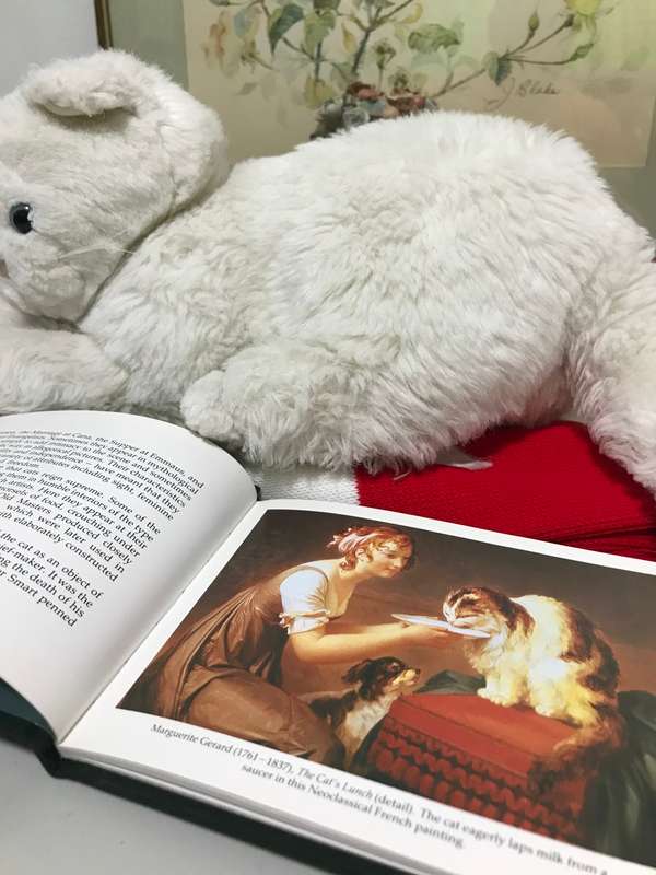 Lot of 2, Stunning White Cat life like and size plus a Cats in Art Book