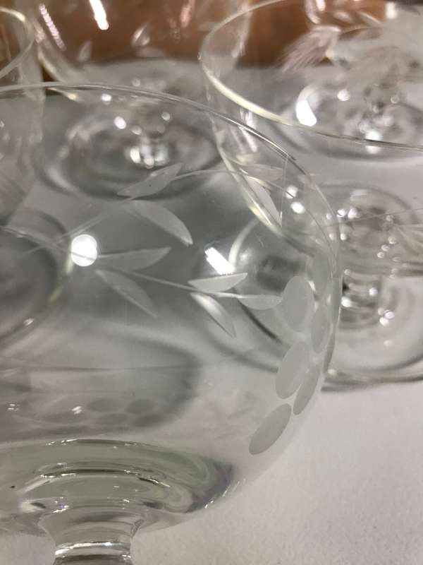 Five Elegant Dessert Bowls etched flowers with raised foot