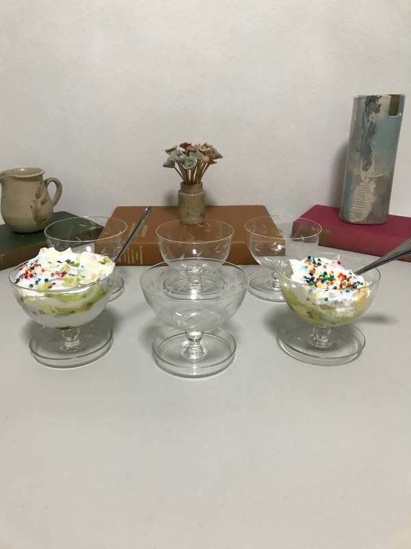 Five Elegant Dessert Bowls etched flowers with raised foot