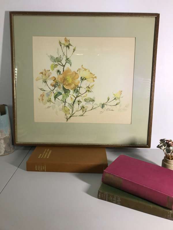 Beautiful Print on board Flowers yellow orange green by J Blake 57cm x 53cm