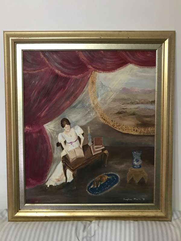 Oil Painting Original Woman reading at desk with dog outside landscape 75cm x 65 cm with frame