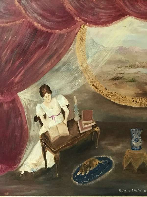 Oil Painting Original Woman reading at desk with dog outside landscape 75cm x 65 cm with frame