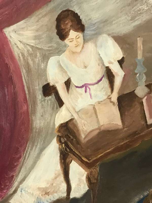 Oil Painting Original Woman reading at desk with dog outside landscape 75cm x 65 cm with frame