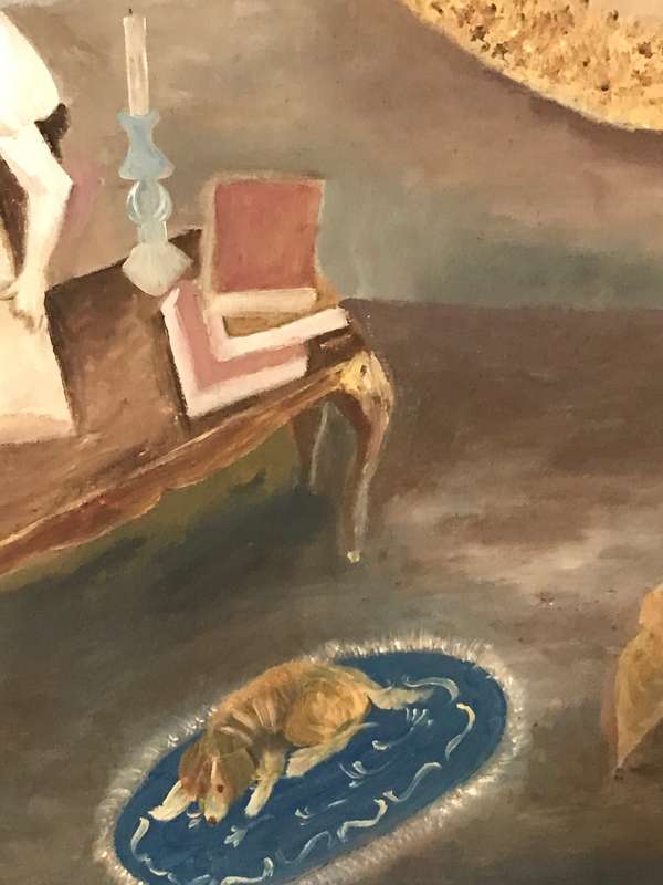 Oil Painting Original Woman reading at desk with dog outside landscape 75cm x 65 cm with frame