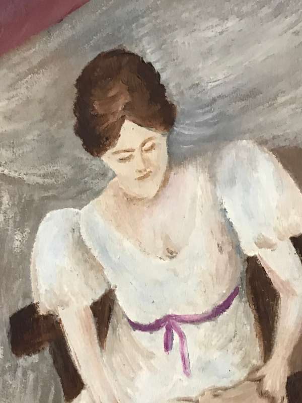 Oil Painting Original Woman reading at desk with dog outside landscape 75cm x 65 cm with frame