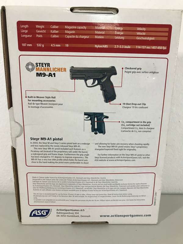 Pistol Air Gas Steyr Mannlicher M9-A1 and Metal Pellets and 5 Gas bottles Original  Box
