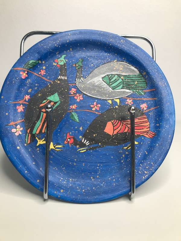 Hand Painted Plate Blue background Three Birds 27cm across inscription on back