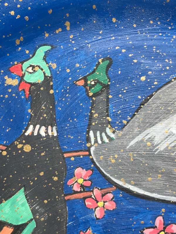 Hand Painted Plate Blue background Three Birds 27cm across inscription on back