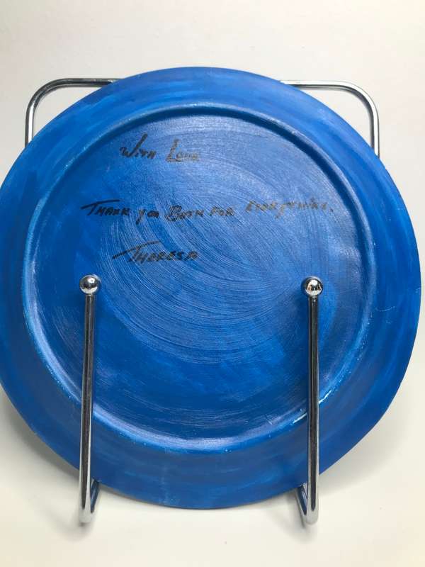 Hand Painted Plate Blue background Three Birds 27cm across inscription on back