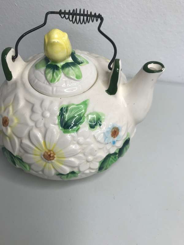 1950s Vintage Pottery Tea Pot with Wire Spring Handle, Japan