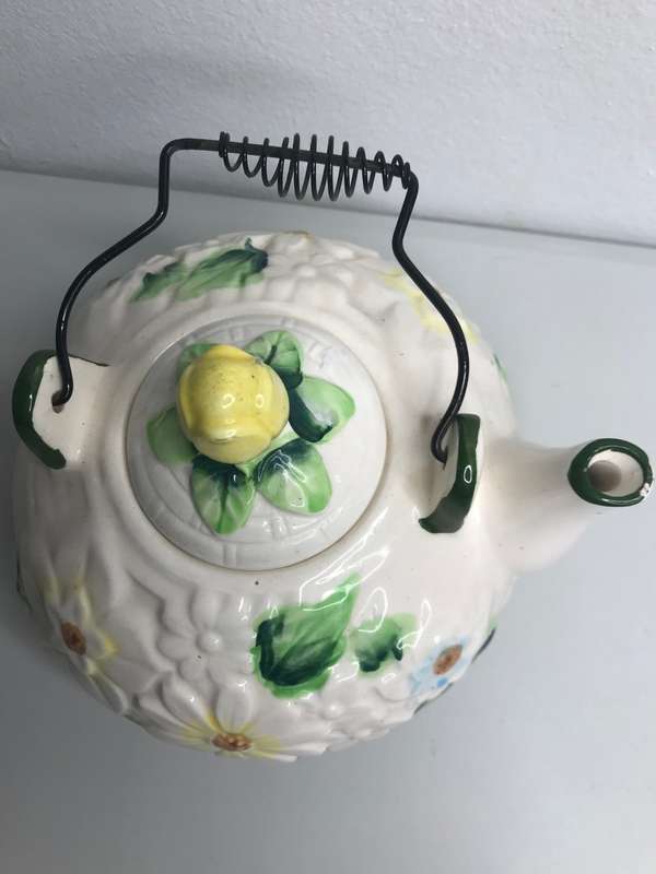 1950s Vintage Pottery Tea Pot with Wire Spring Handle, Japan