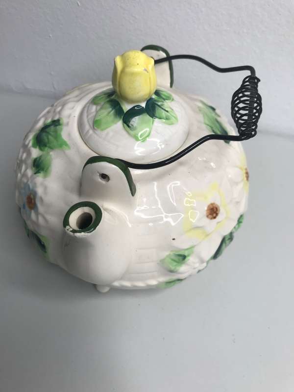 1950s Vintage Pottery Tea Pot with Wire Spring Handle, Japan