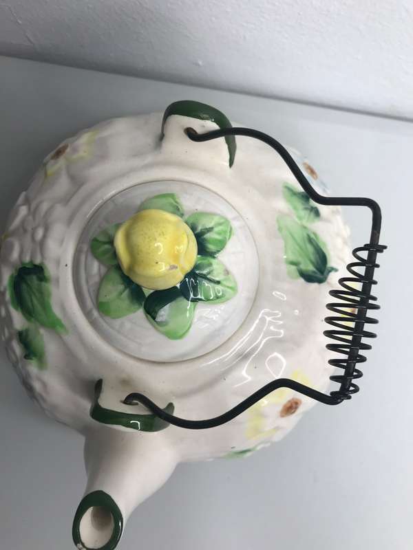 1950s Vintage Pottery Tea Pot with Wire Spring Handle, Japan