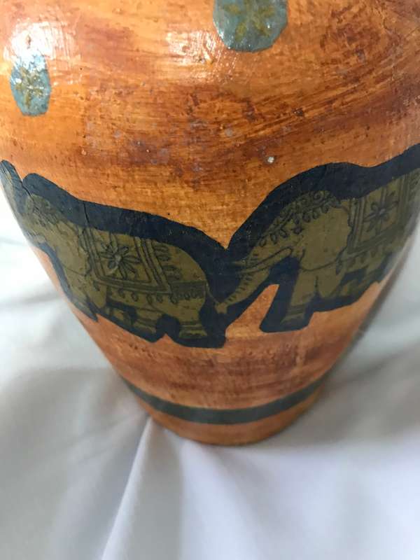 Pottery Vase orange Hand painted elephants
