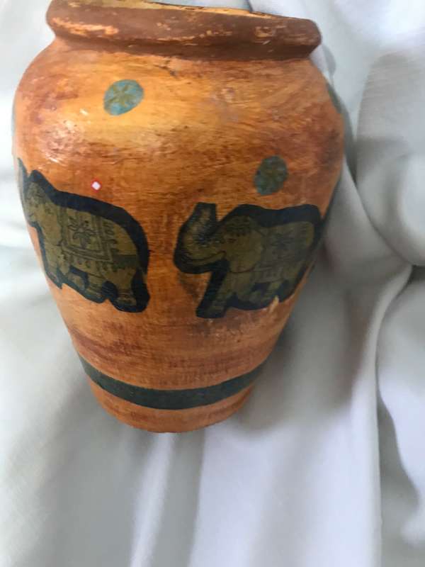 Pottery Vase orange Hand painted elephants