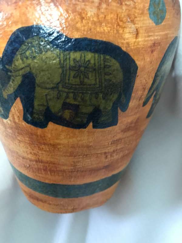 Pottery Vase orange Hand painted elephants