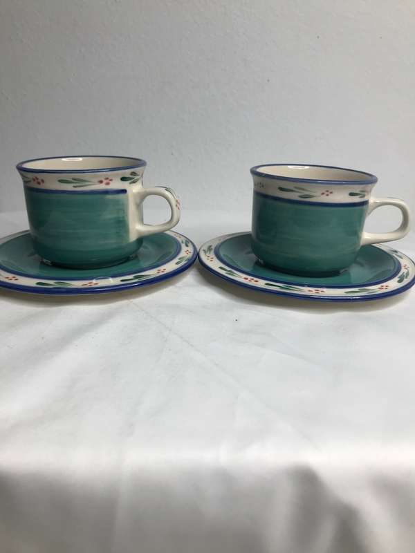 Hand Made Espresso Cups and Saucer signed by the maker hand painted set of 2