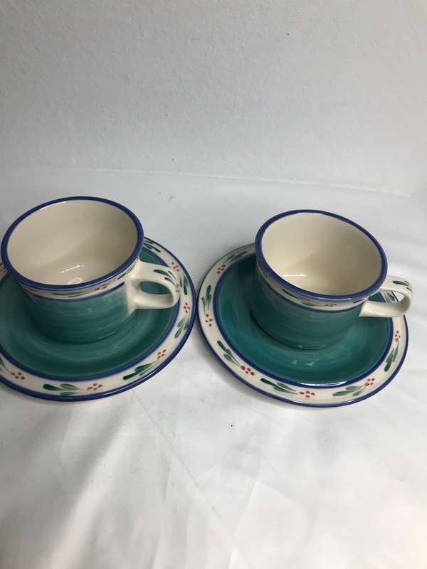 Hand Made Espresso Cups and Saucer signed by the maker hand painted set of 2