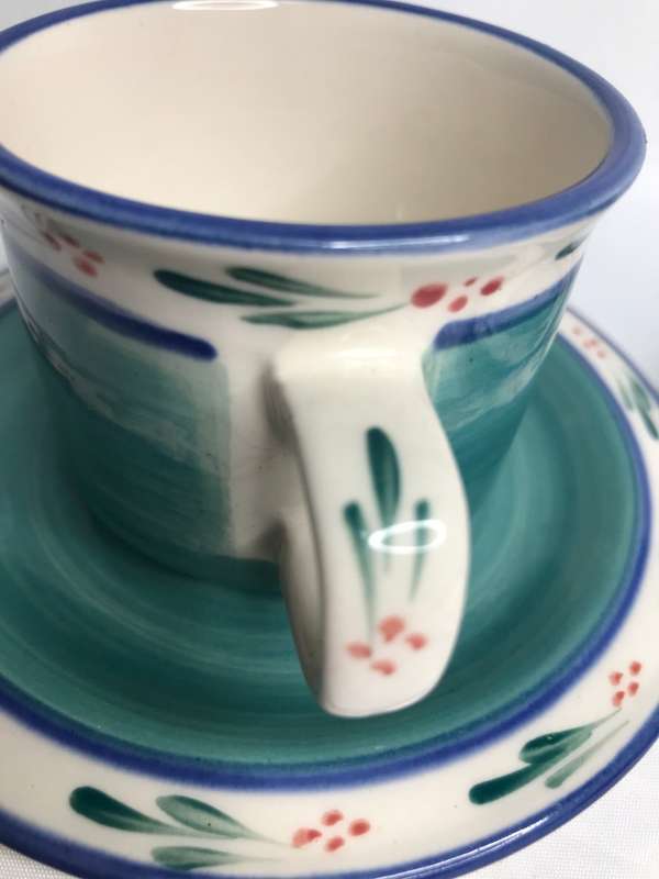 Hand Made Espresso Cups and Saucer signed by the maker hand painted set of 2