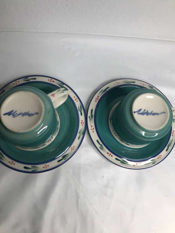 Hand Made Espresso Cups and Saucer signed by the maker hand painted set of 2