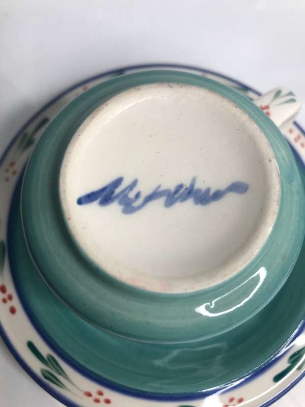 Hand Made Espresso Cups and Saucer signed by the maker hand painted set of 2