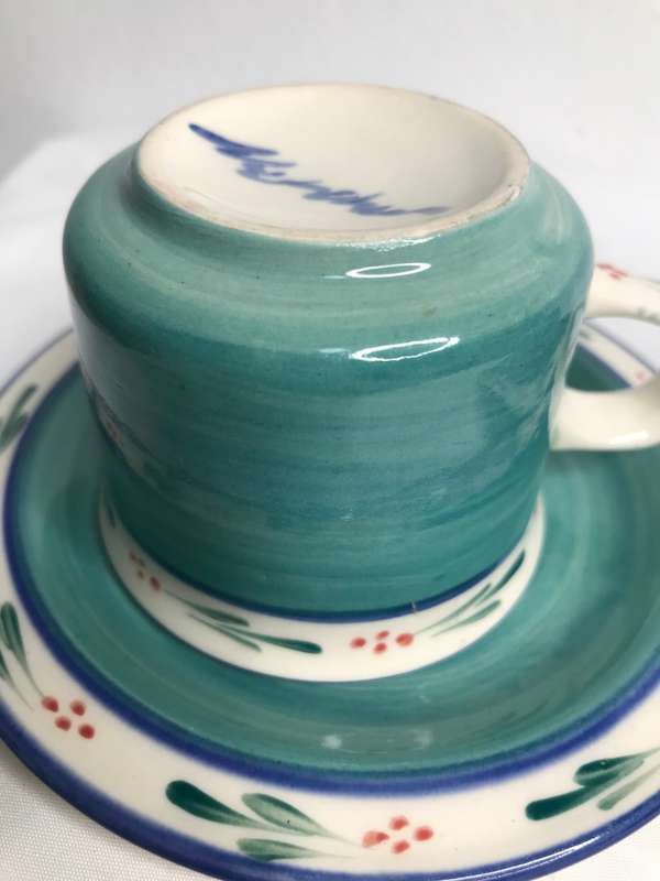 Hand Made Espresso Cups and Saucer signed by the maker hand painted set of 2