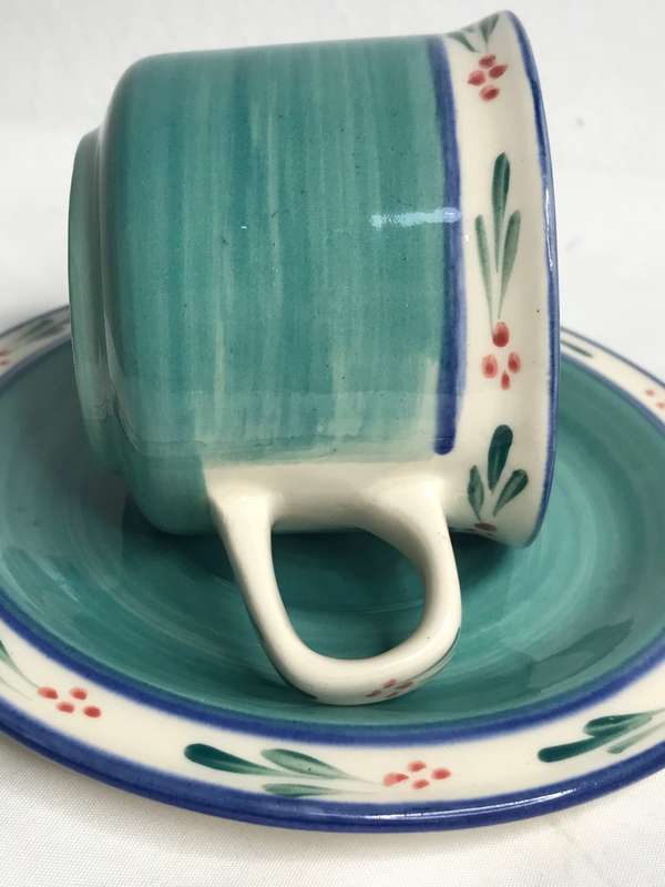 Hand Made Espresso Cups and Saucer signed by the maker hand painted set of 2