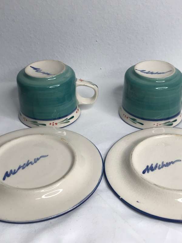 Hand Made Espresso Cups and Saucer signed by the maker hand painted set of 2