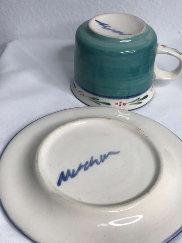 Hand Made Espresso Cups and Saucer signed by the maker hand painted set of 2