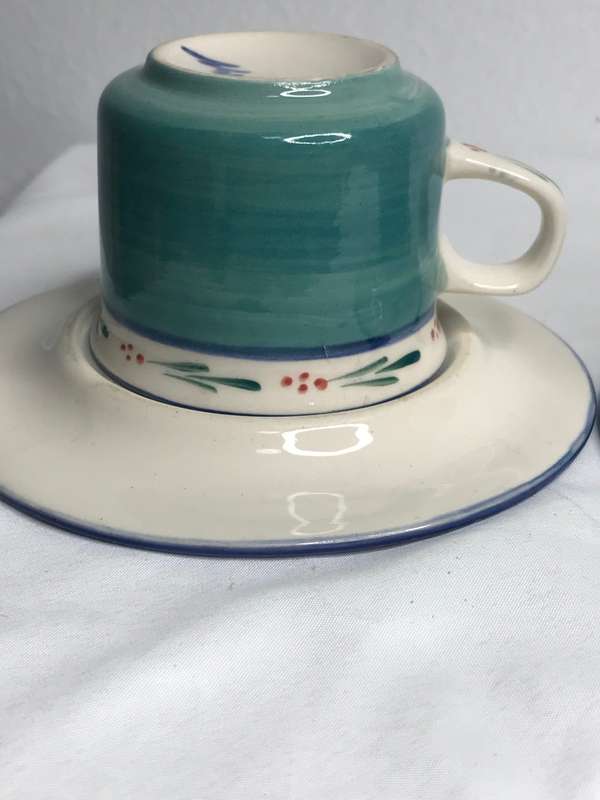 Hand Made Espresso Cups and Saucer signed by the maker hand painted set of 2