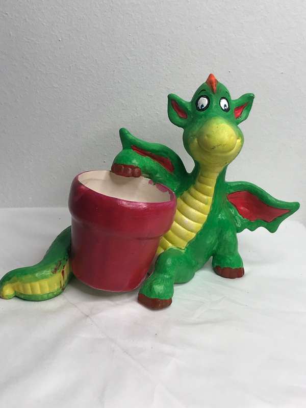 Planter Flower Pot with Dragon Statue Attached Pottery Hand made and Painted Lovely gift