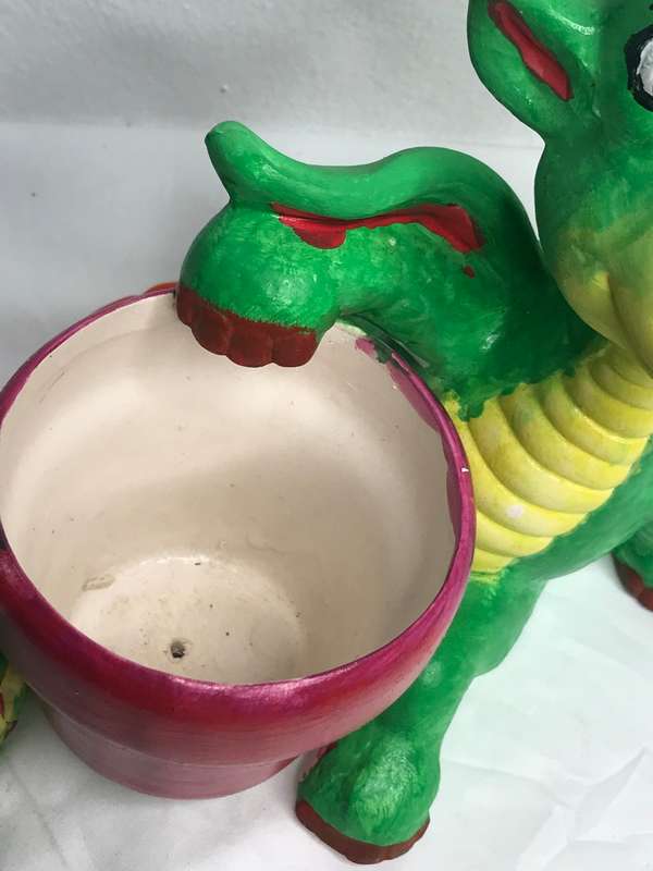 Planter Flower Pot with Dragon Statue Attached Pottery Hand made and Painted Lovely gift