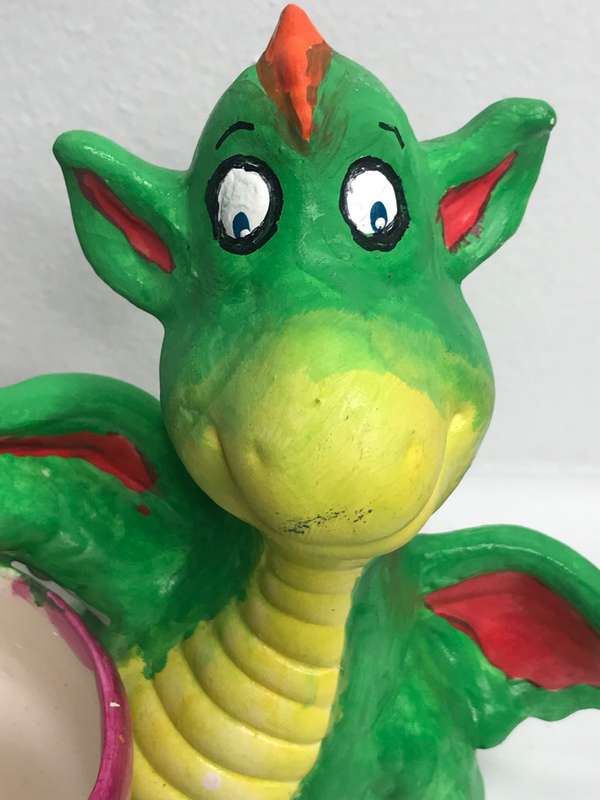 Planter Flower Pot with Dragon Statue Attached Pottery Hand made and Painted Lovely gift