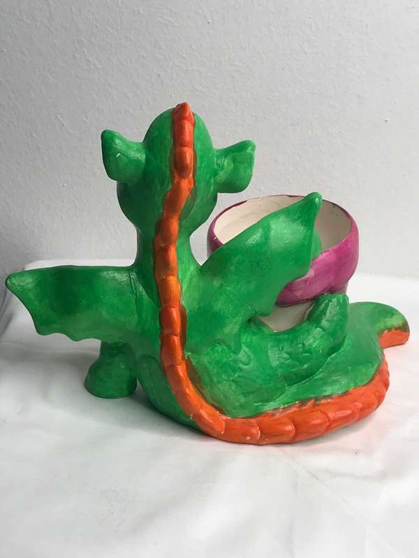 Planter Flower Pot with Dragon Statue Attached Pottery Hand made and Painted Lovely gift