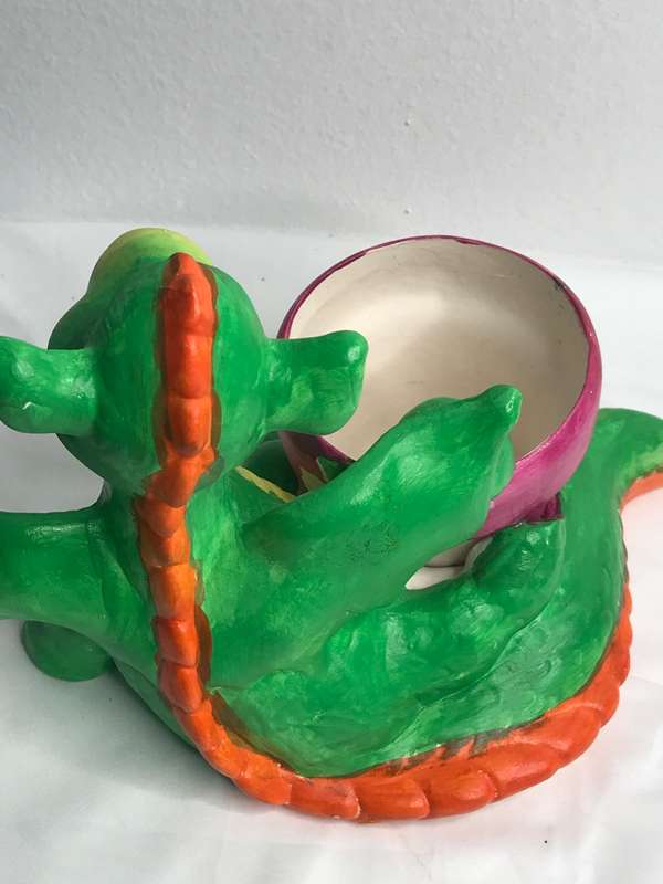 Planter Flower Pot with Dragon Statue Attached Pottery Hand made and Painted Lovely gift