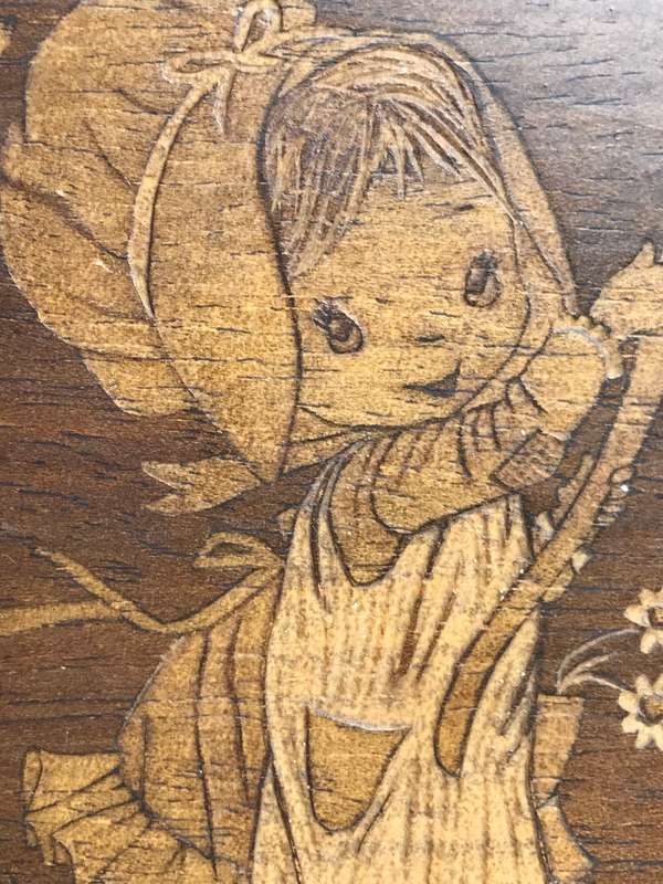 Wood Art Picture of Girl Drawing Water Etched and Carved Unique and Rare signed at back