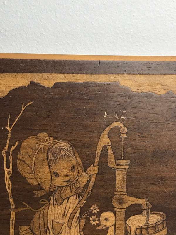 Wood Art Picture of Girl Drawing Water Etched and Carved Unique and Rare signed at back