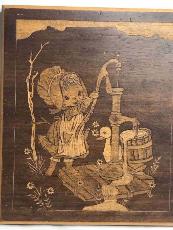 Wood Art Picture of Girl Drawing Water Etched and Carved Unique and Rare signed at back