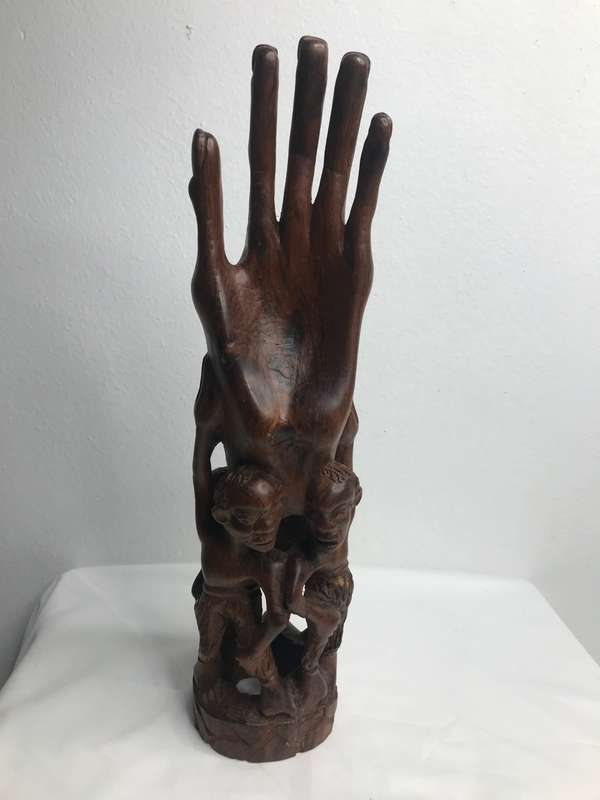 Wood Art Hand Carved Sculpture in Ebony one Piece Family holding up a Hand 35cm x 10cm