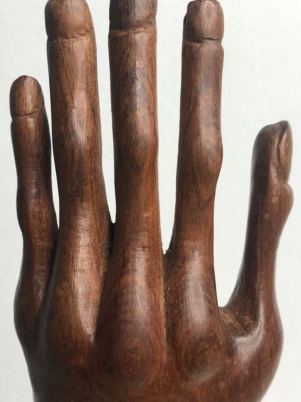 Wood Art Hand Carved Sculpture in Ebony one Piece Family holding up a Hand 35cm x 10cm