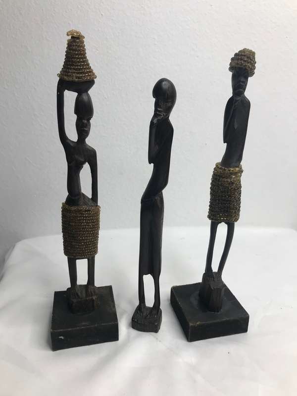 Wood Art Statues Hand Carved two African men and one African woman Two with Beads 20-23cm