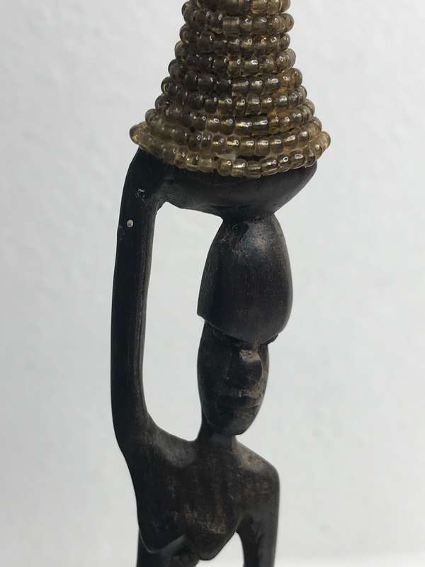 Wood Art Statues Hand Carved two African men and one African woman Two with Beads 20-23cm