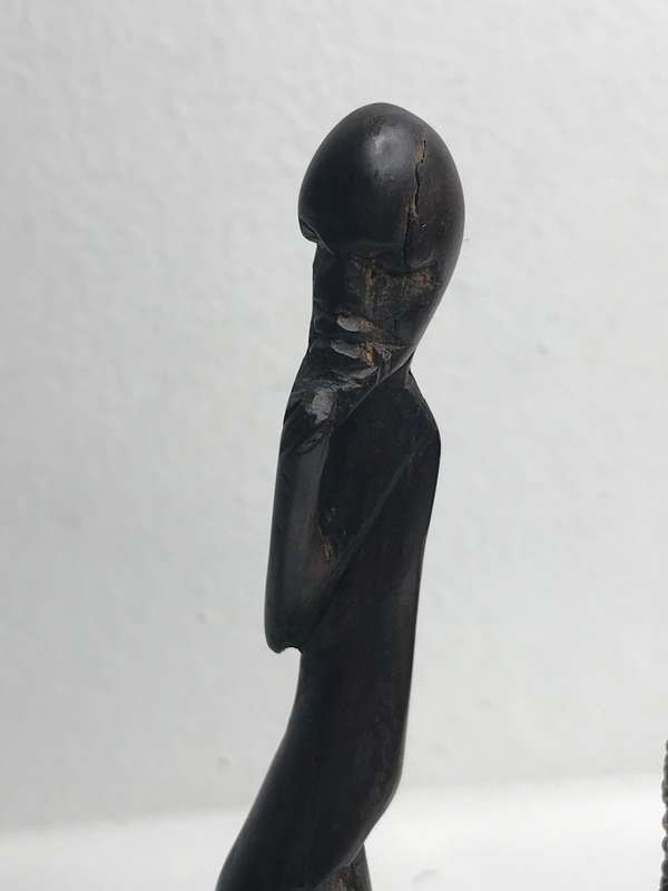Wood Art Statues Hand Carved two African men and one African woman Two with Beads 20-23cm