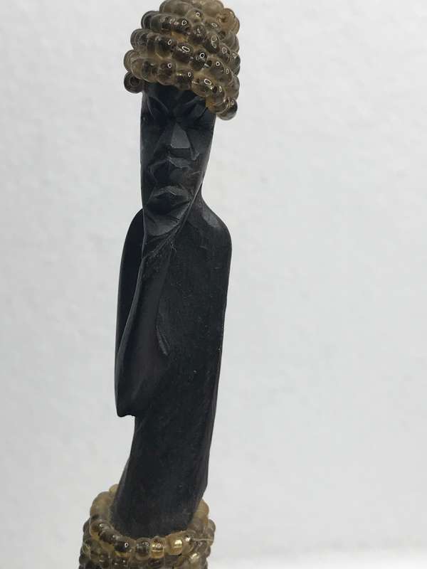 Wood Art Statues Hand Carved two African men and one African woman Two with Beads 20-23cm