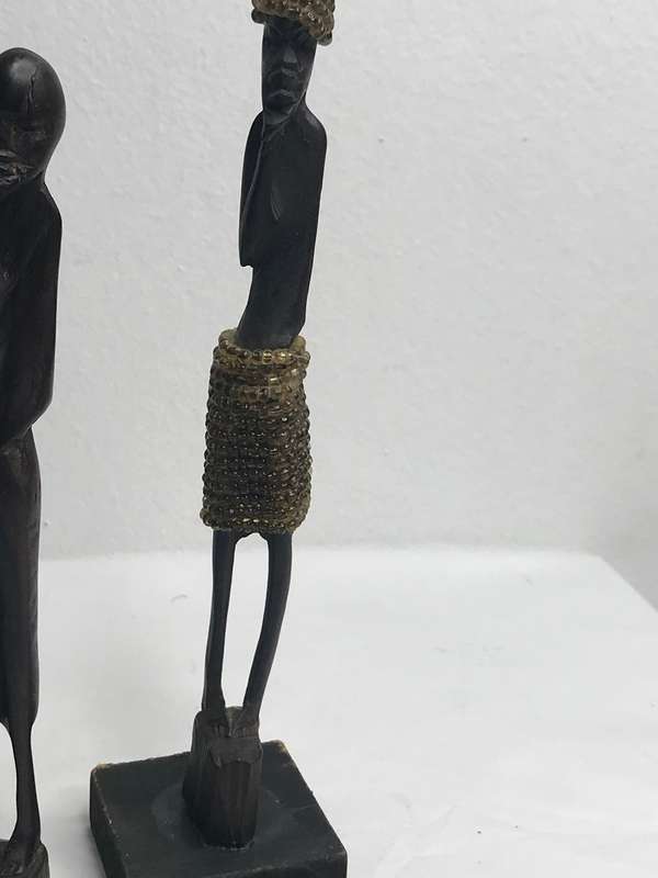 Wood Art Statues Hand Carved two African men and one African woman Two with Beads 20-23cm