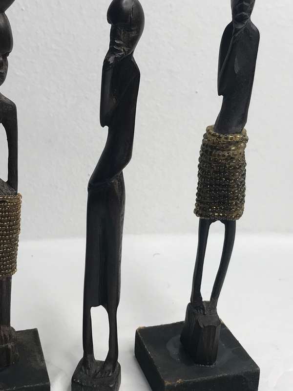 Wood Art Statues Hand Carved two African men and one African woman Two with Beads 20-23cm