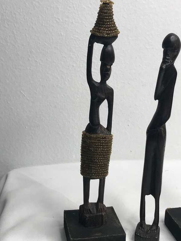 Wood Art Statues Hand Carved two African men and one African woman Two with Beads 20-23cm